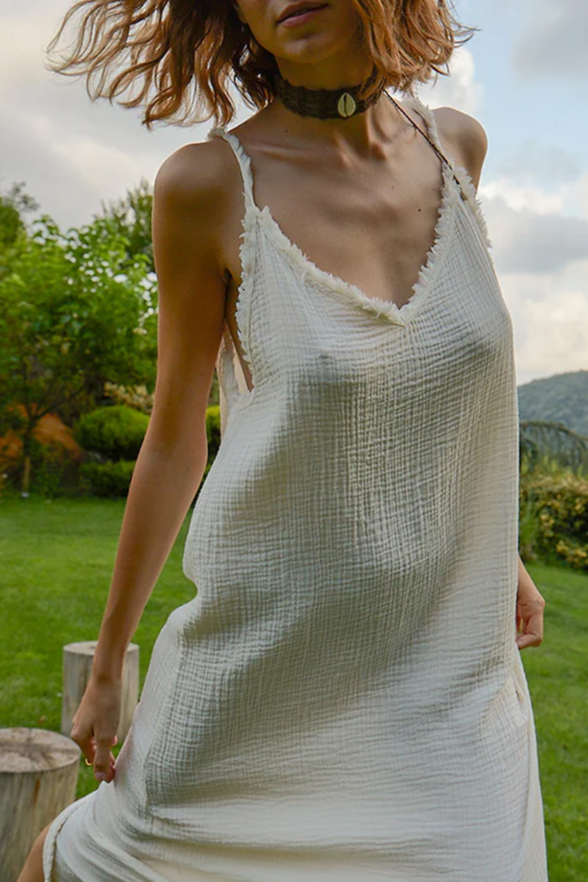 Crinkle Cream Cotton Strappy Dress